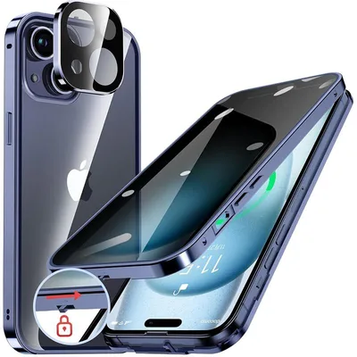 HGUTREY【覗き見防止・自動ポップアップボタン】iPhone15 用 ケース【ロック付き】ストラップホール付き 一体型レンズ保護(ディープブルー) 0