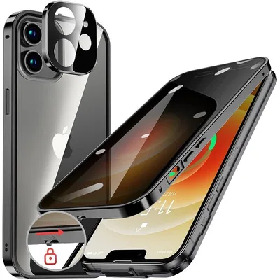 HGUTREY【覗き見防止・自動ポップアップボタン】iPhone12 用 ケース【ロック付き】【ストラップホール付き】一体型レンズ保護(ブラック) 0