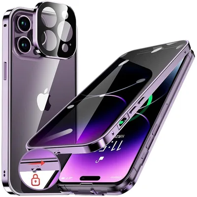 HGUTREY【覗き見防止・自動ポップアップボタン】iPhone14 Pro 用 ケース【ロック付き】ストラップホール付き (ディープパープル) 0