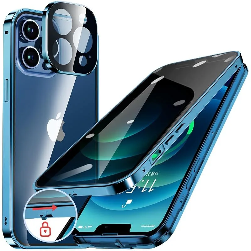 HGUTREY【覗き見防止・自動ポップアップボタン】iPhone12 Pro 用 ケース【ロック付き】ストラップホール付き (ブルー) 0