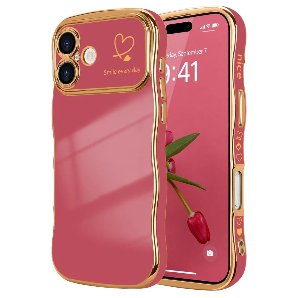 LCHULLE iPhone 17 用 ケース ウェーブ おしゃれ 滑り止め 韓国 可愛い ハート柄 メッキ加工 軽量 耐衝撃【カメリアレッド】