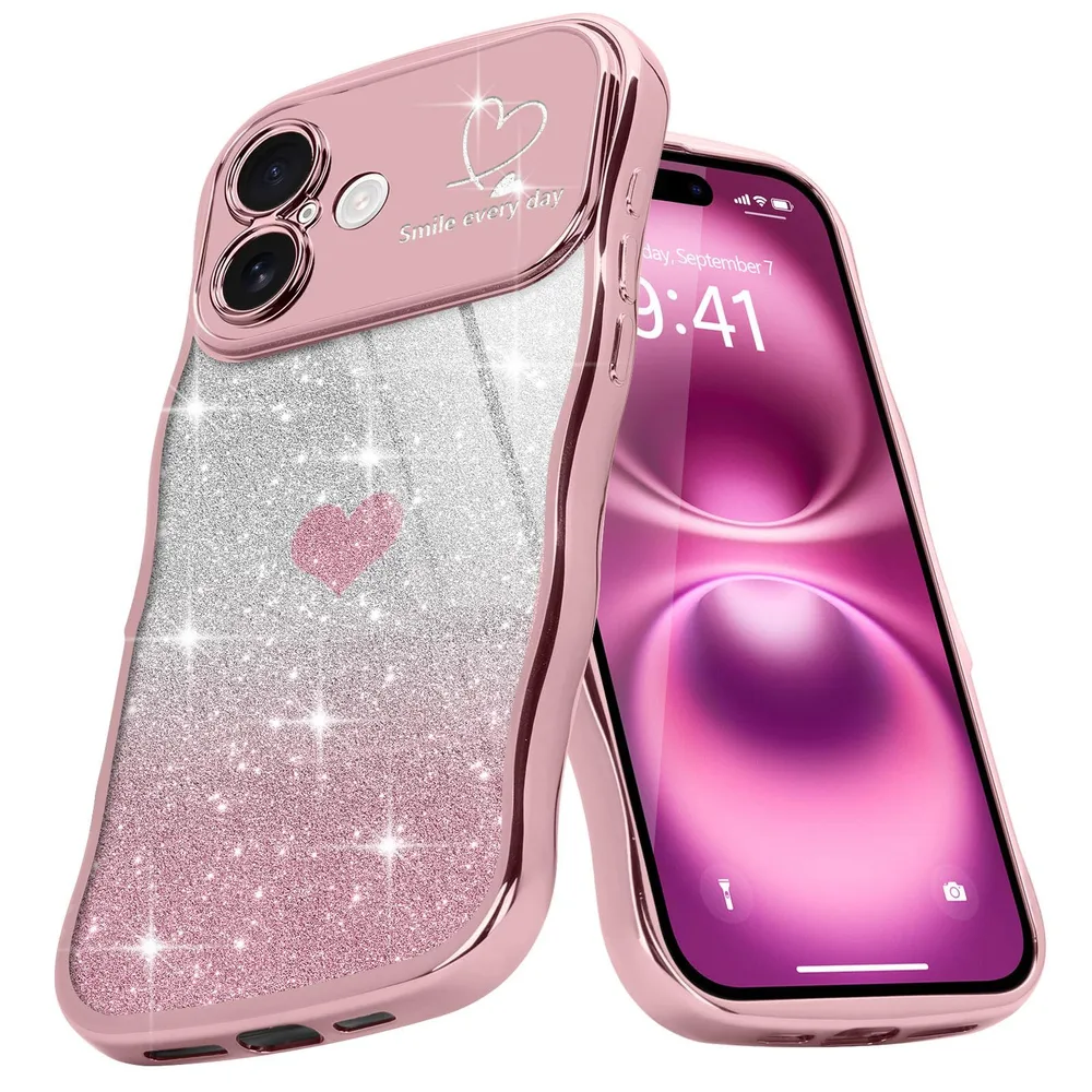 Teageo iPhone 17 用 ケース キラキラ ウェーブ 透明 かわいい 軽薄型 柔らかく 耐衝撃 落下防止【ローズゴールド】