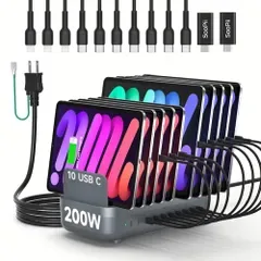 K◆首佩200W USB-C充電ステーション?、10ポートPD急速充電器(最大20W/ポート)、10本の短いケーブル付き、スマホ・タブレットなど電子機器の充電をまとめて整理(グレー) 08da5e80