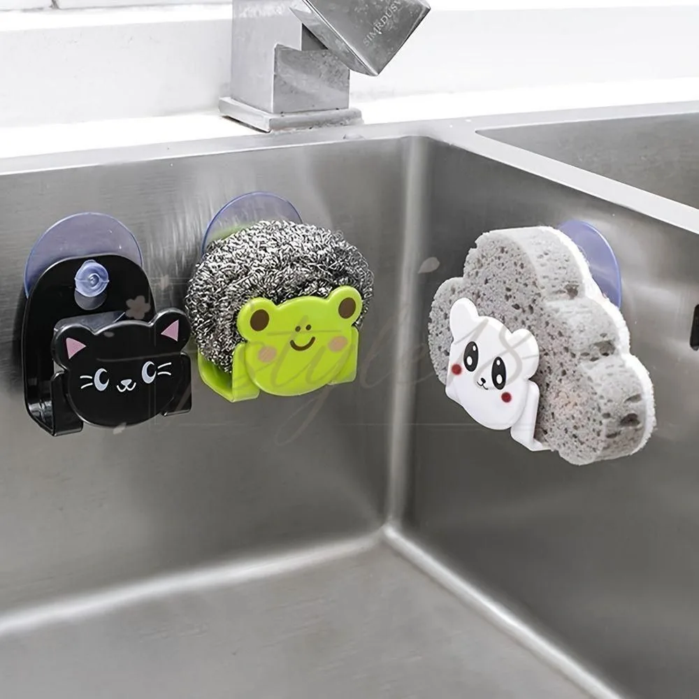2個のキッチンスポンジ、食器洗い用布、スクラバーホルダー、かわいい漫画のシンクソープラック、水切りラック、キッチンオーガナイザー、