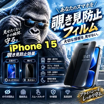 【iPhone 15.15Pro.15ProMax.15Plus】★覗かせない★プライバシー保護☆安心のゴリラガラス☆ 覗き見防止強化ガラスフィルム 飛散防止