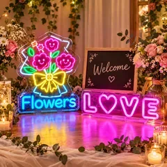 Flowers&LOVEネオンライト2点セット ピンクLEDサイン/笑顔のお花ブーケ&ハート入りロゴ ウェルカムスペース・お部屋のインテリアに