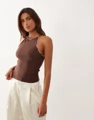 エイソス レディース トップス シャツ コットン ASOS DESIGN compact cotton racer top with beadetail in chocolate チョコレート