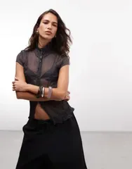 ウィークデイ レディース トップス Tシャツ シフォン Weekday chiffon crinkle shirt in offblack Off black ブラック