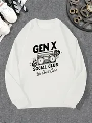 ユニセックス オーバーサイズトレーナー GEN X SOCIAL CLUB ラジカセ レトロ音楽プリント ビッグシルエット カジュアルトップス 春秋服 ホワイト 90 年代 ストリートファッション