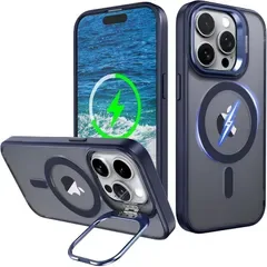 【純正MagSafe対応・スタンド機能 】iPhone 15pro 用 ケース Magsafe対応 ワイヤレス充電 隠しスタンド (ブルー)