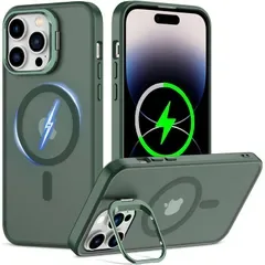 【純正MagSafe対応・スタンド機能 】iPhone 14promax 用 ケース Magsafe対応 ワイヤレス充電 隠しスタンド (グリーン)