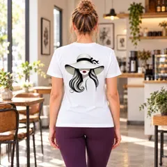 帽子の女性 モードイラストTシャツ バックプリント