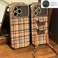 ダックスフンド刺繍 チェック革調 保護ケース 手首ストラップ付き ソフト硅 耐衝撃 ケースティファイ iPhone16 ProMax/iphone16Pro/iPhone16/iPhone15/14/13 全機種対応