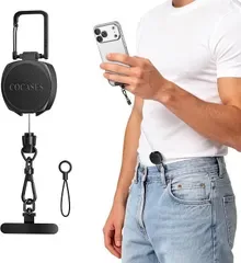 COCASES スマホストラップ 盗難防止 伸縮式スチールワイヤー 65cm リールキーホルダー 落下防止 頑丈 金具 カラビナ付き (ブラック)