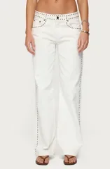 アディクテッド レディース ボトムス デニムパンツ ローライズ ジーンズ EDIKTED Quincy Studded Low Rise Baggy Jeans White ホワイト