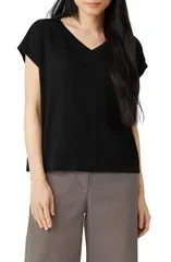 エイリーンフィッシャー レディース トップス Tシャツ Vネック リネン Eileen Fisher VNeck Organic Linen TShirt Black ブラック
