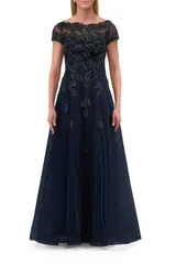 ラフェム レディース トップス ワンピース レース La Femme Gorgeous Gown with Beaded Lace Applique Navy ネイビー