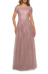 ラフェム レディース トップス ワンピース A ライン レース La Femme Beaded Lace Rhinestone Alineveningown Mauve