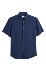 ブガッチ メンズ トップス シャツ リネン Bugatchi Orson Shaped Fit Short Sleeve Linen ButtonUp Shirt Navy ネイビー