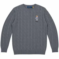 【POLO ラルフローレン 海外アウトレット直営店限定商品】 メンズ ウール&コットン クルーネック ケーブル編み セーター ポロベアー刺繍 GRAY【XXL】