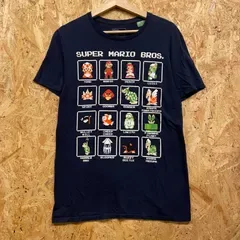スーパーマリオブラザーズ 任天堂 キャラクター Tシャツ ネイビー 紺 M(38/40) ドット絵 ピクセルアート 半袖 ゲーム Tシャツ トップス メンズ