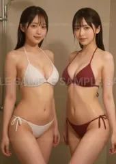 【アートポスター】清楚美人 二人組 白水着 赤水着 シャワー 水滴 爽やか笑顔 ポートレート #XB338