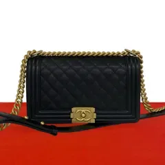 ほぼ未使用 シール有 25番台 CHANEL シャネル ボーイシャネル キャビアスキン レザー チェーン ショルダーバッグ ブラック 73494