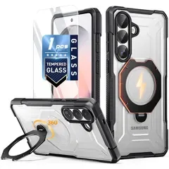 【新品】 POETIC Samsung Galaxy S26 Plus用ケース | 規格耐衝撃保護カバー | 360°回転マグネットリングキックスタンド | 強化ガラススクリーンプロテクター | MagSafe対応 | ブラック/クリア