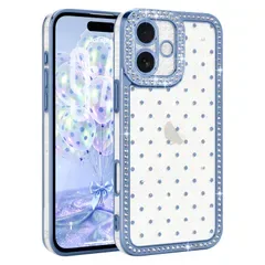 Lafunda iPhone 17 用 ケース クリア キラキラ ラインストー 水玉模様 透明 グリッター 耐衝撃 カメラ保護 落下防止【ブルー】 0