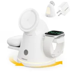 ZEEHOO Appleデバイス用3in1ワイヤレス充電ステーション、Mag-Safe充電器スタンドライト iPhone 17/16/15/14/13/12AirPodsiWatchピクセル 10サムスンギャラクシーウォッチ高速ワイヤレス充電ステーション( 0