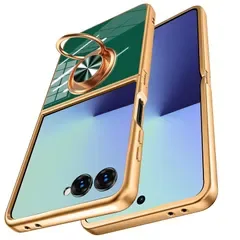 【新品】 WOYSOBA 適合 Galaxy Z Flip7 用ケース リング 耐衝撃 ストラップホール付き メッキ加工 グリーン