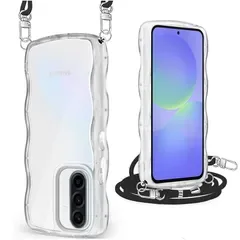 【新品】 Galaxy A36 5G /A56 ケース クリア ショルダー 肩掛け 斜めかけ 波型 かわいい SC-54F スマホケース 耐衝撃 ギャラクシーA36 /A56 カバー 紐付き 織りストラップ付き ネックストラップ 長さ調整可能 取り外し可能 (