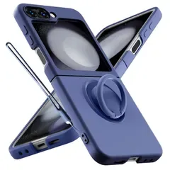 【新品】 WZOYXOC と互換性のある Galaxy Z Flip6 用のケース リング ストラップ付き シリコン ブルー
