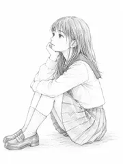 A4サイズ c1700 モノクロ白背景 セーラー服姿で座る人物の繊細な鉛筆画 アートプリント インテリア