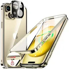 NIANGUO【ロック機能付き・自動ポップアップボタン】 iPhone15 用 ケース クリア ストラップホール付き 両面強化ガラス (ゴールド)