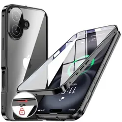 NIANGUO【ロック機能付き・自動ポップアップボタン】 iPhone16 Plus 用 ケース 両面強化ガラス 一体型レンズ保護 (ブラック)