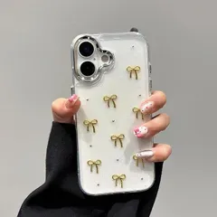 QLTYPRI iPhone 16 用 ケース クリア ゴールド ミニリボン おしゃれ 韓国 iphone16 用 ケース 透明 可愛い 耐衝撃 スマホケース 立体 りぼん装飾 きらきら アイフォン16 カバー 対応、ゴールド