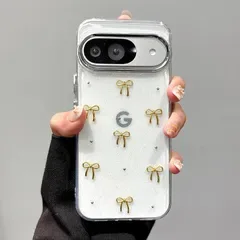 QLTYPRI Google Pixel 10/10 Pro/9/9 Pro 用 ケース クリア シルバー ミニリボン おしゃれ 韓国 透明 可愛い 耐衝撃 スマホケース 立体 りぼん装飾 きらきら ピクセル 10/10 Pro ケース 対応、ゴールド
