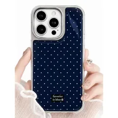 saymi's iPhone 14 用 ケース ネイビー ブルー ドット 韓国 みんなに似合う上品デザイン