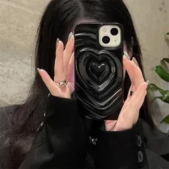 iPhone15pro用ケース ハート 立体 黒 韓国 水の波紋模様 かわいいスマホケース 3d 凸凹 おしゃれ ソフトケース Y2K系 ストラップホール付き グリッター 光沢カバー 人気 TPU カバーケース 耐衝撃 全面保護 落下防止