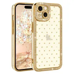 Lafunda iPhone 15 用 ケース クリア キラキラ ラインストー 水玉模様 透明 グリッター 耐衝撃 カメラ保護 落下防止【ゴールド】