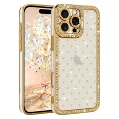 Lafunda iPhone 16 Pro 用 ケース クリア キラキラ ラインストー 水玉模様 透明 グリッター 耐衝撃 カメラ保護【ゴールド】