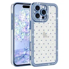 Lafunda iPhone 16 Pro 用 ケース クリア キラキラ ラインストー 水玉模様 透明 グリッター 耐衝撃 カメラ保護【ブルー】