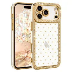Lafunda iPhone 17 Pro Max 用 ケース クリア キラキラ ラインストー 水玉模様 グリッター 耐衝撃 カメラ保護【ゴールド】