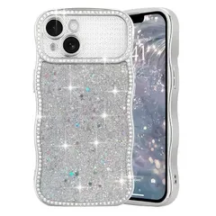 Wirvyuer iPhone 15 用 ケース キラキラ ラメ ウェーブ ラインストーン うねうね 可愛い スマホケース シルバー