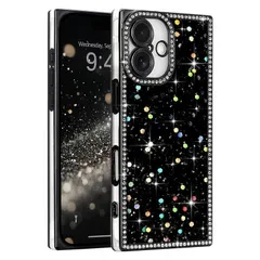 LAPOPNUT iPhone 16用 ケース キラキラ ラメ かわいい 耐衝撃 軽量 直角(ブラック)