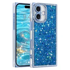 LAPOPNUT iPhone 16用 ケース キラキラ ラメ かわいい 耐衝撃 軽量 直角(ブルー)