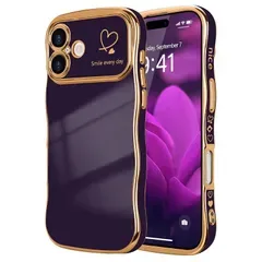 LCHULLE iPhone 16 用 ケース ウェーブ おしゃれ 滑り止め 韓国 可愛い ハート柄 メッキ加工 軽量 耐衝撃【ディープパープル】