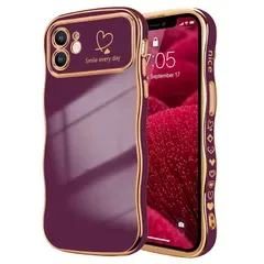 LCHULLE iPhone 12 用 ケース ウェーブ おしゃれ 滑り止め 韓国 可愛い ハート柄 メッキ加工 薄型 軽量 耐衝撃(バーガンディ)