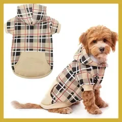 EXPAWLORER 犬 服 犬用パーカー フーディー チェック柄 犬洋服 秋冬 フード付き ドッグウェア リード穴付き お散歩 暖かい やわらかい おしゃれ 小型犬 中型犬 大型犬 猫兼用 (ベージュ L)